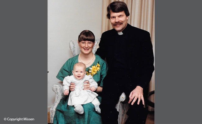 Formal family portrait (Kathryn, David and baby Harriet) at Nancy’s wedding, 1985