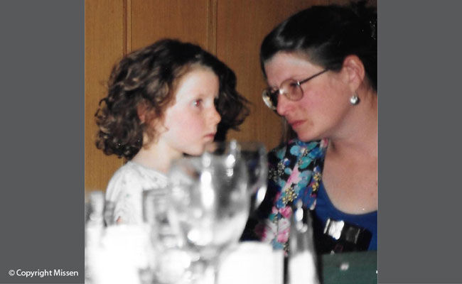 Mother and daughter have a word at the celebration of our parents’ 40th wedding anniversary, Guild Inn, Scarborough, 1991