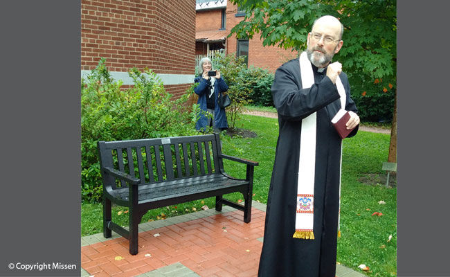 Father Stewart Murray praises Kathryn during the dedication of Kathryn’s bench, St. Barnabas Church, October 2016