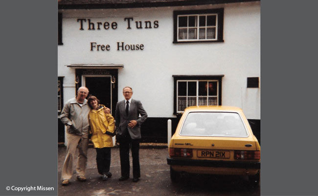 Visiting the Three Tuns Free House, Great Abington, U.K., (with Dad and Uncle Ted), 1982: one of the early proprietors was a Missen ancestor