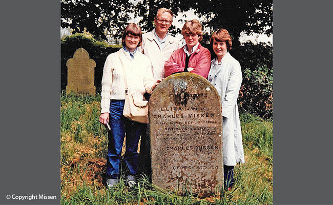 Visiting the grave of ancestors Eliza and Charles Missen, Little Abington, U.K. (with Dad, Lynne and Nancy), 1982